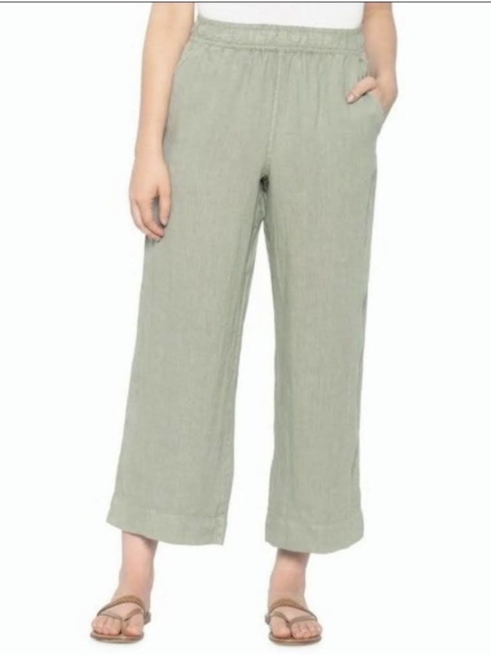 Tahari Linen Elastic Waist Pull On Wide Leg Sage Green 100% Linen Pants XL
